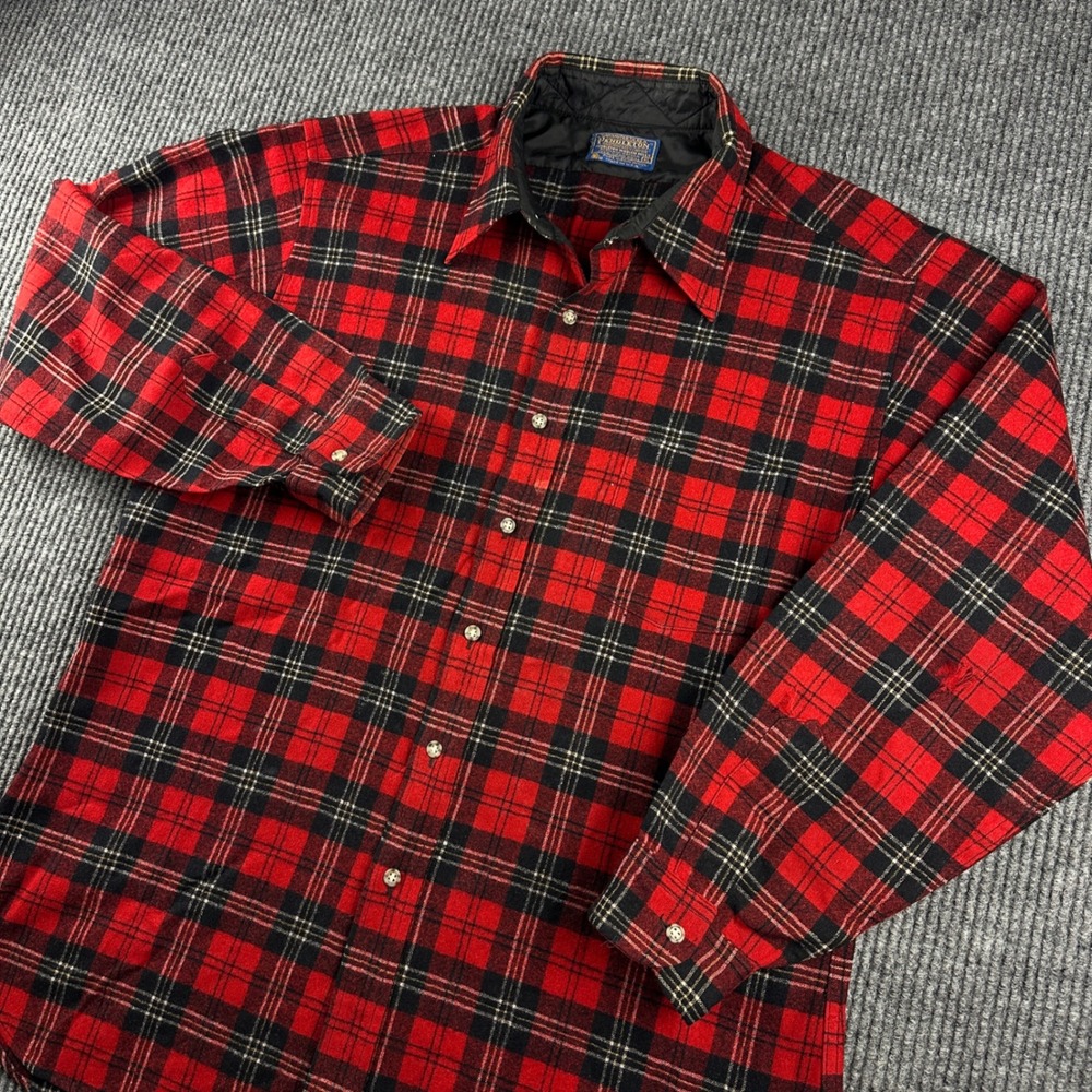 Vintage Pendleton Wool Shirt Jacket Red Black Plaid XL Made in USA Distressed